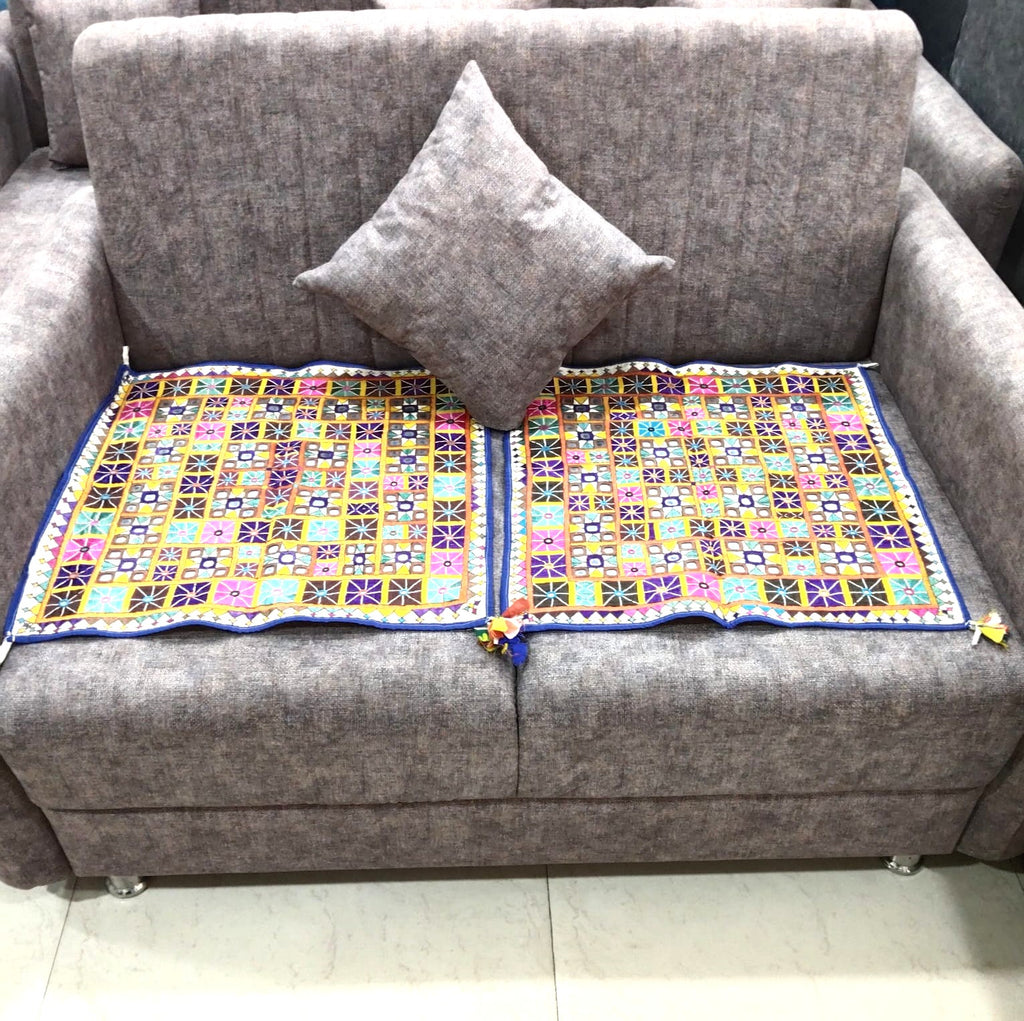 Vintage Ahir Heer Embroidery Chakla Pair – Handmade Kutch Silk Textile Wall Art (50+ Years Old)