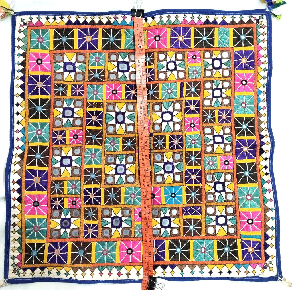 Vintage Ahir Heer Embroidery Chakla Pair – Handmade Kutch Silk Textile Wall Art (50+ Years Old)