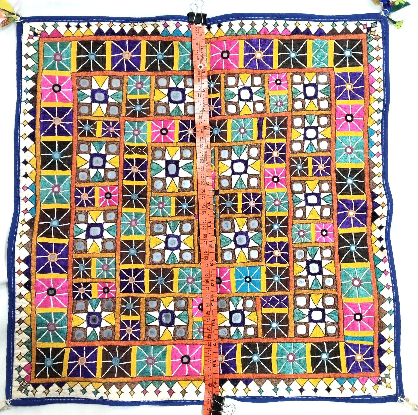 Vintage Ahir Heer Embroidery Chakla Pair – Handmade Kutch Silk Textile Wall Art (50+ Years Old)