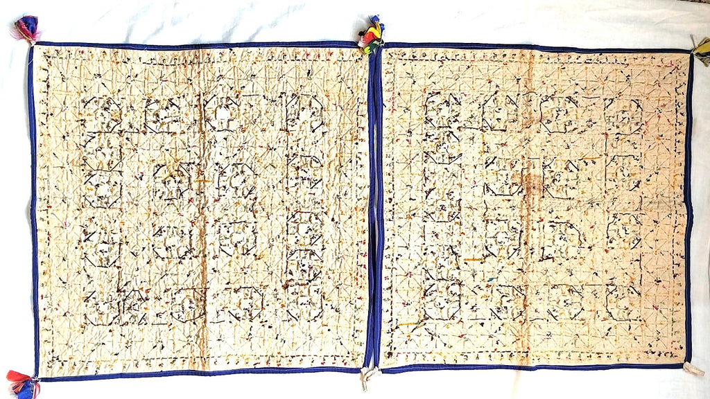 Vintage Ahir Heer Embroidery Chakla Pair – Handmade Kutch Silk Textile Wall Art (50+ Years Old)