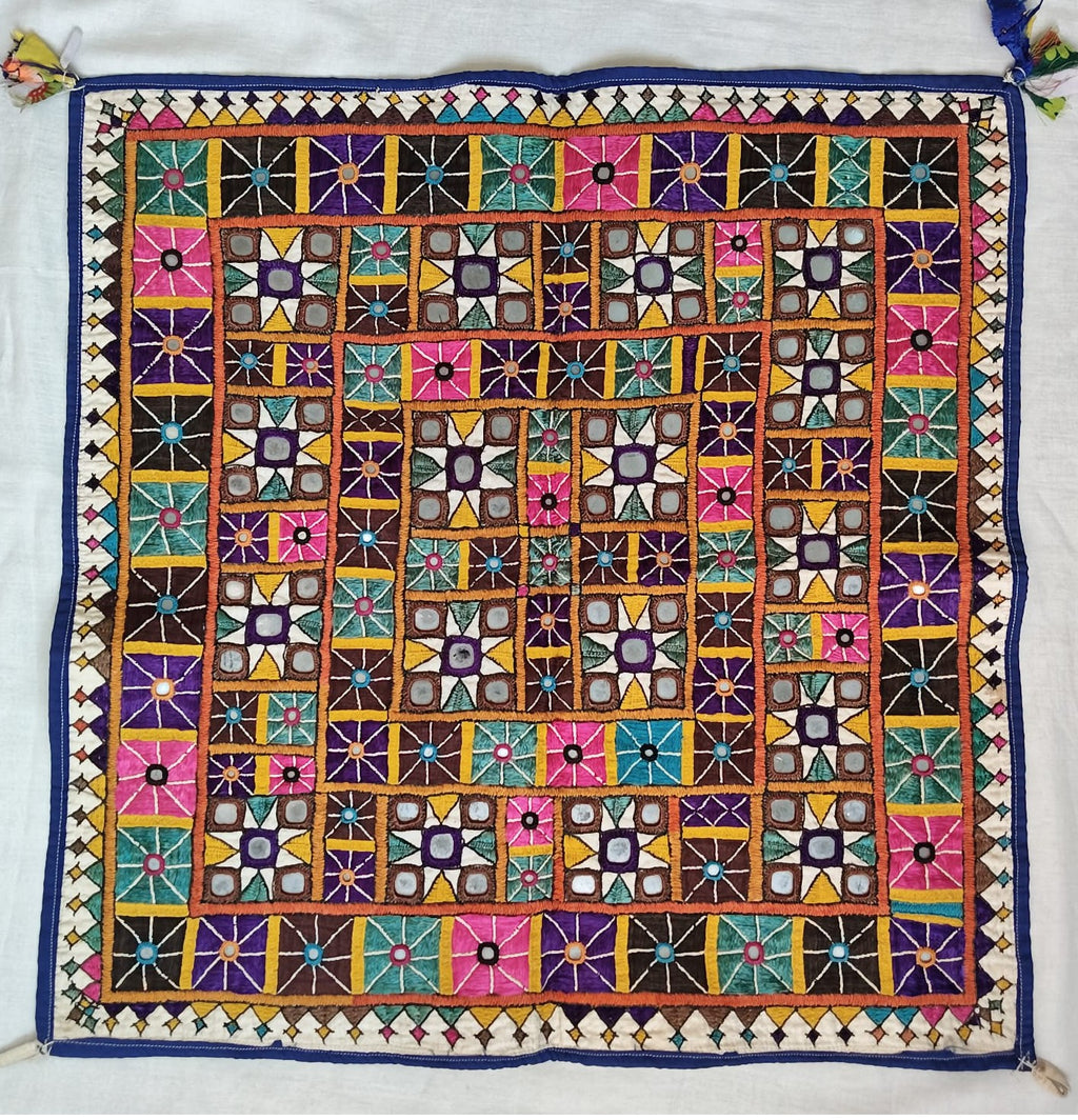 Vintage Ahir Heer Embroidery Chakla Pair – Handmade Kutch Silk Textile Wall Art (50+ Years Old)