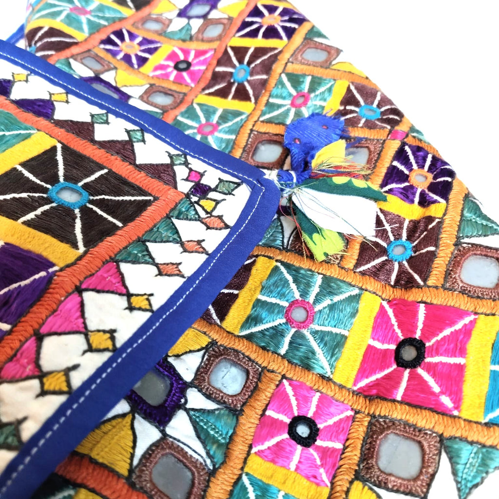 Vintage Ahir Heer Embroidery Chakla Pair – Handmade Kutch Silk Textile Wall Art (50+ Years Old)