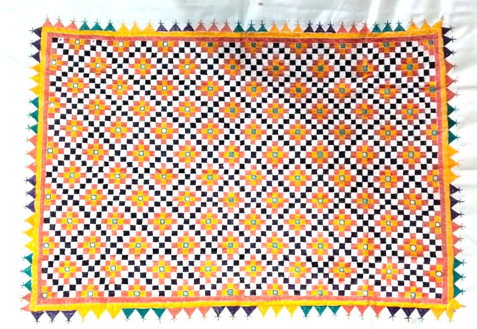Vintage Geometric Hand Embroidered Textile (30–35 Years Old) – Jain Folk Art Inspired by Ahir & Rajput Embroidery, Kutch India