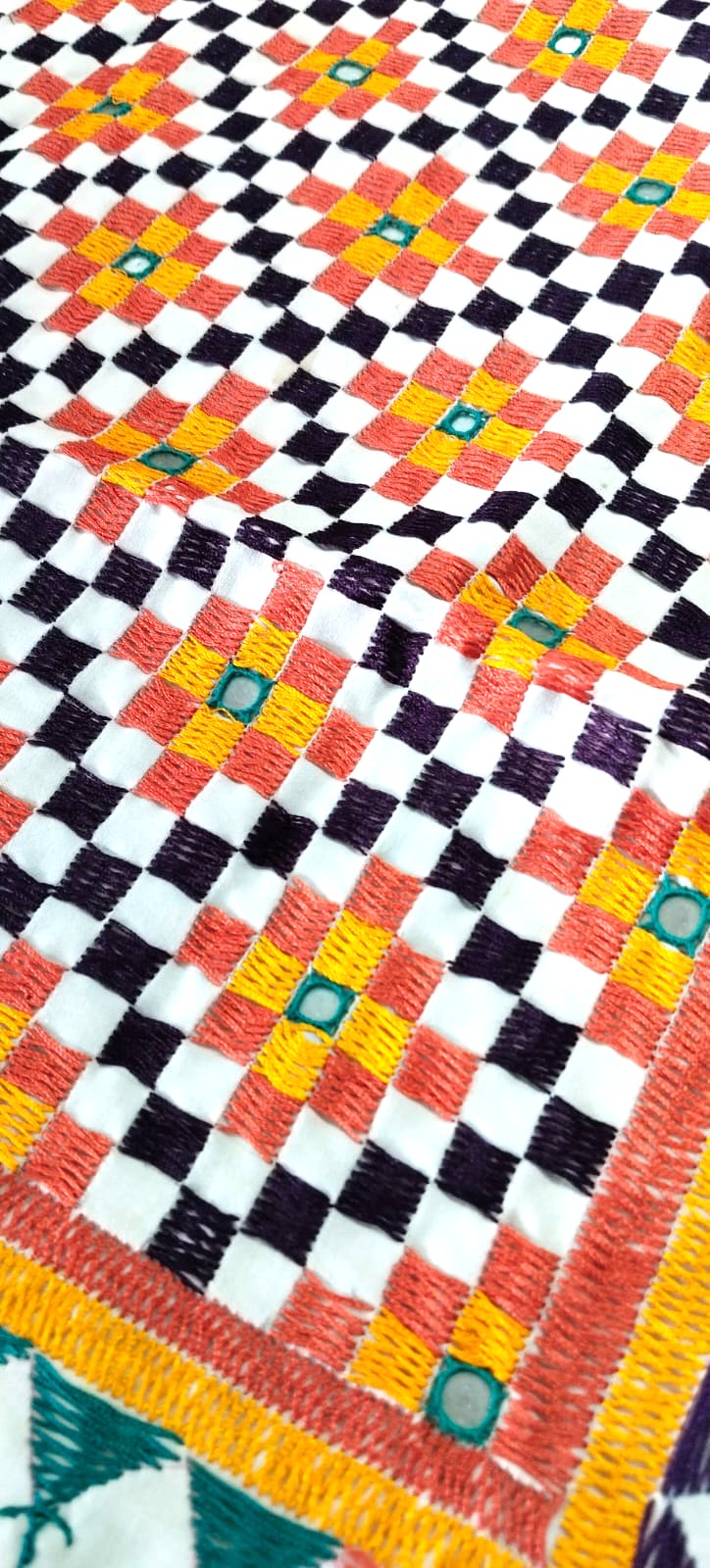 Vintage Geometric Hand Embroidered Textile (30–35 Years Old) – Jain Folk Art Inspired by Ahir & Rajput Embroidery, Kutch India